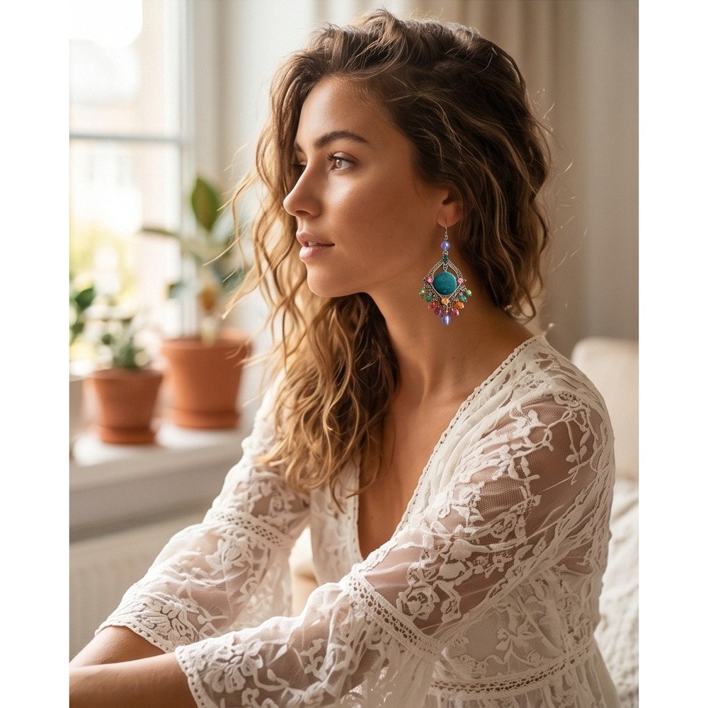 Boho Chic Dangle Earrings‎ Silver Tone Colorful Bead Statement Jewelry